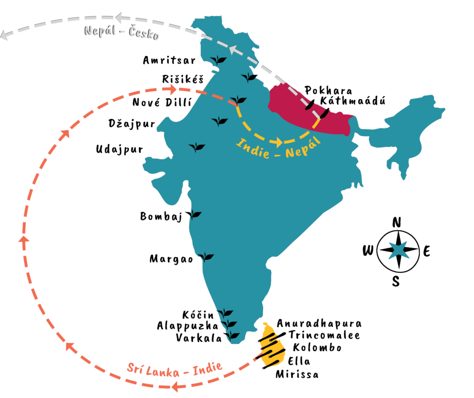 Mapa cesty po Srí Lance, Indii a Nepálu